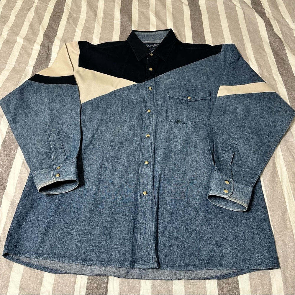 Vintage Wrangler Western Denim Shirt Mens Large Blue Color Block Rodeo Cowboy